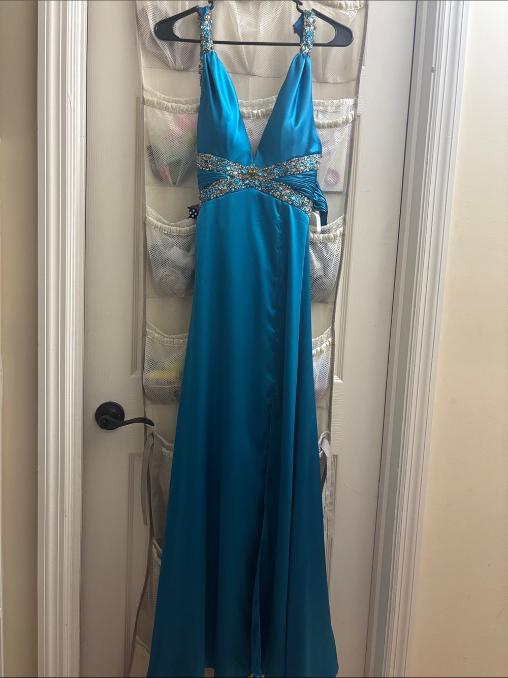Riva Designs Teal Beaded Prom Gown